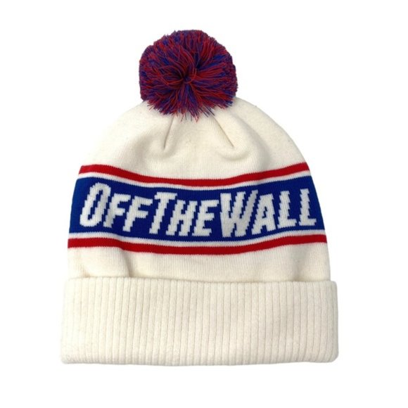 VANS Off The Wall Pom White Blue Red Unisex Beanie Knit Hat One Size VN0A2YR73KS - Picture 1 of 3